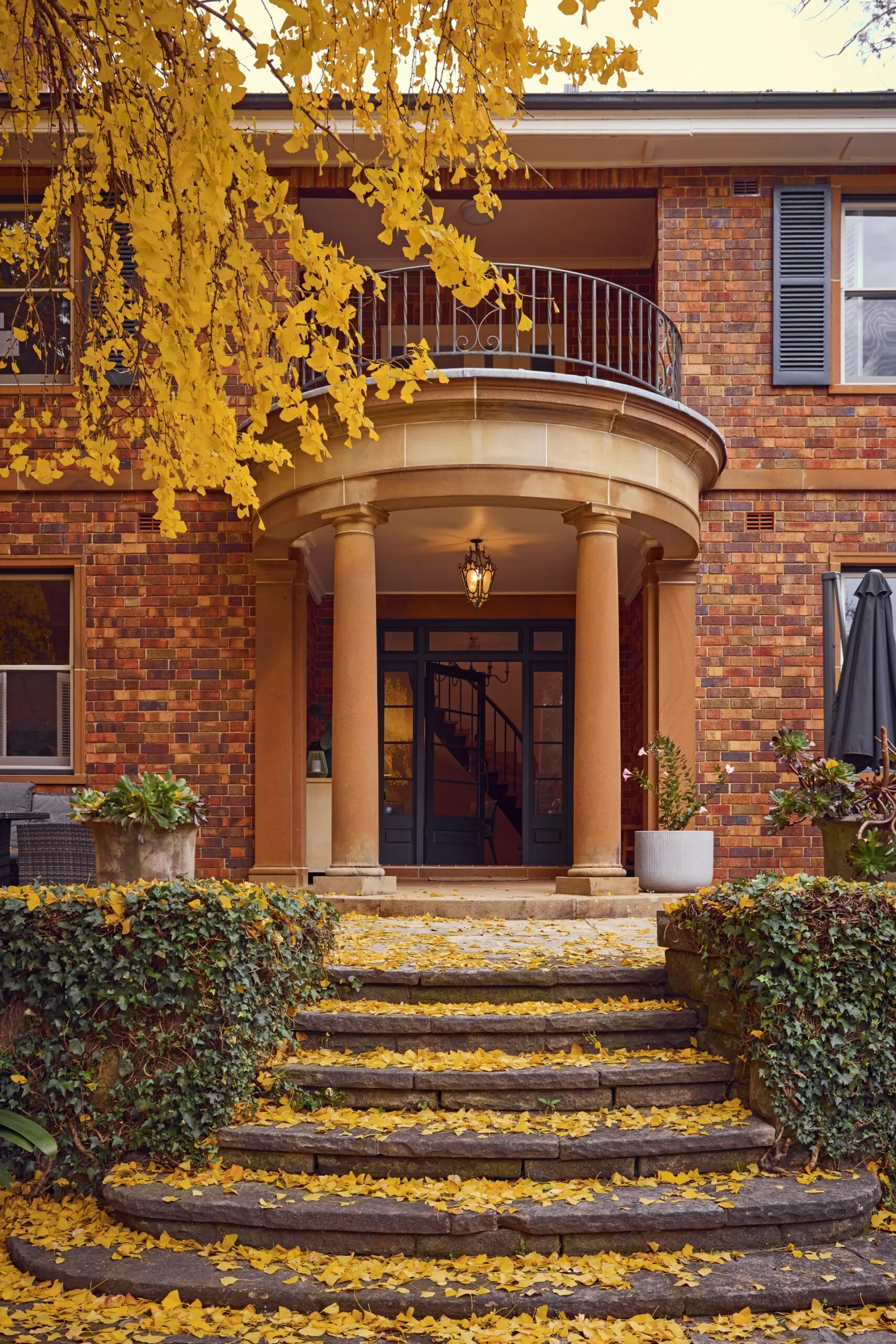 Exterior of a Georgian-style heritage house with brick walls, columns, curved steps leading to a portico, and yellow autumn leaves scattered across.