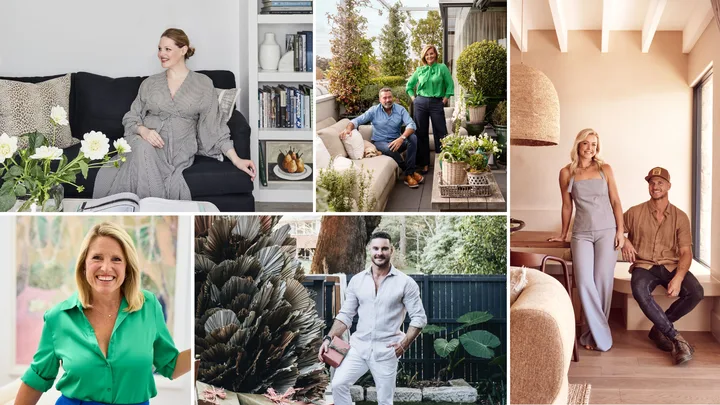 A collage of headshots of Australian design influencers. They are Elle Lovelock, Chyka and Bruce Keebaugh, Darren Palmer, Wendy Moore and Kyal and Kara Demmrich