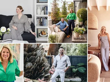 A collage of headshots of Australian design influencers. They are Elle Lovelock, Chyka and Bruce Keebaugh, Darren Palmer, Wendy Moore and Kyal and Kara Demmrich