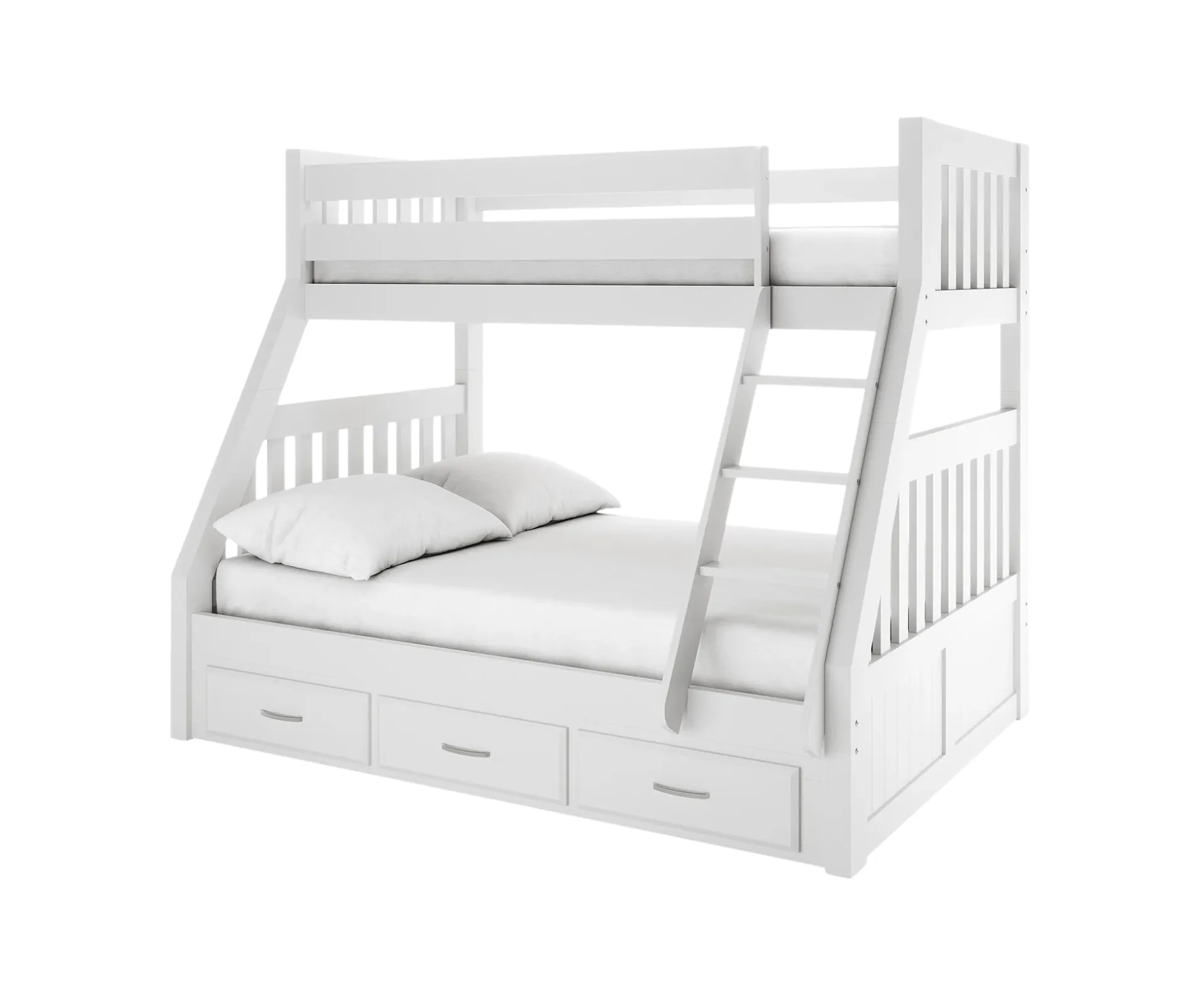 White Kourtney hardwood triple bunk bed with built-in storage drawers and angled ladder
