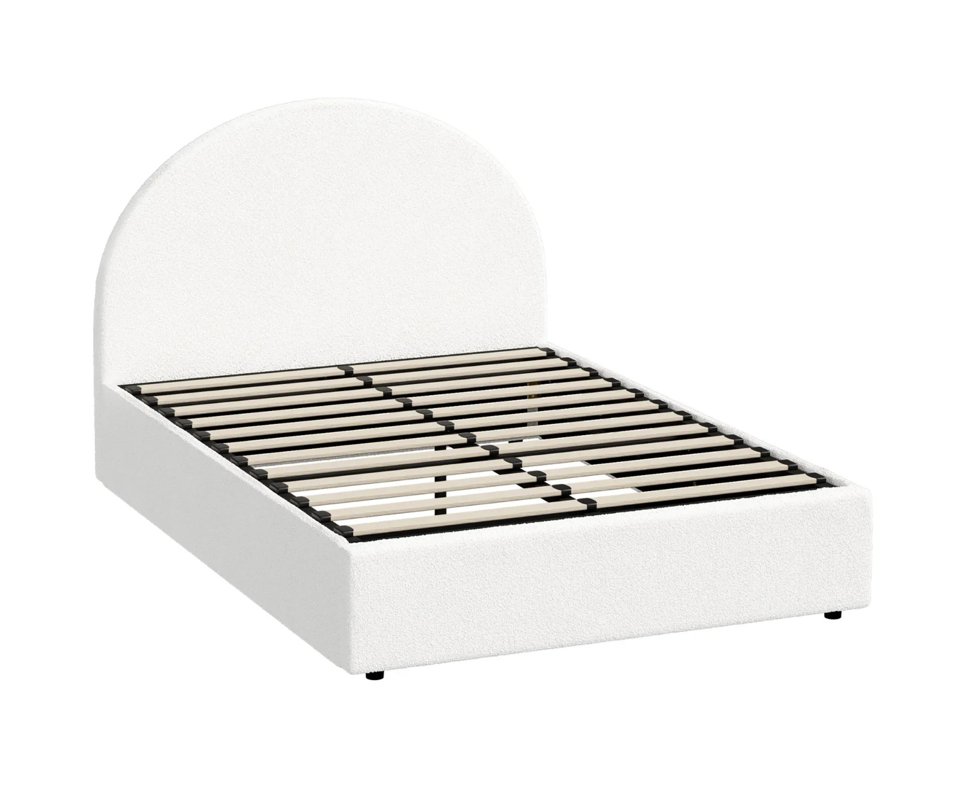White Seraphine bouclé gas lift storage bed with arched upholstered headboard