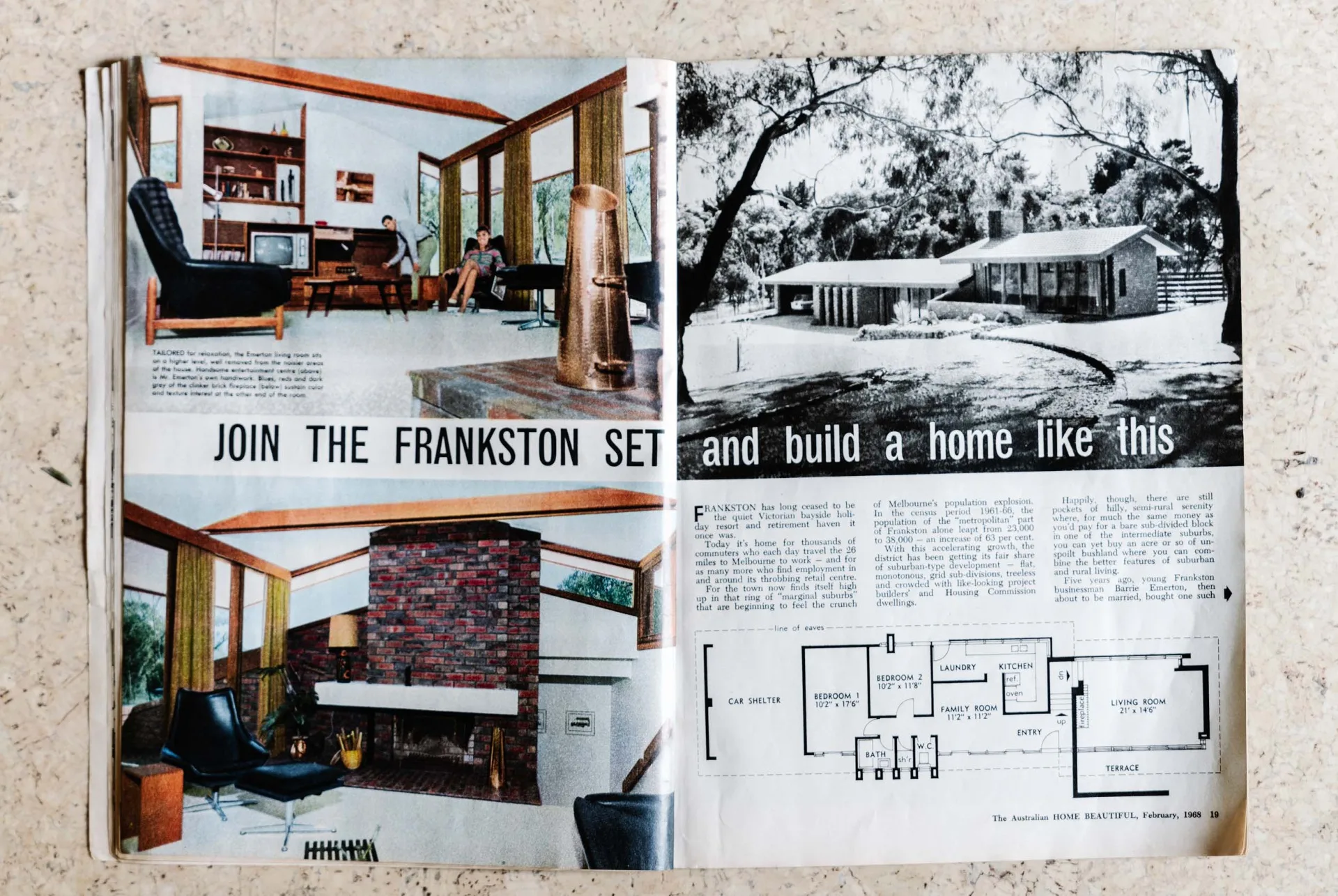 Magazine spread from 1968 showing a Frankston home interior and floor plan, promoting home building in Frankston. It is an article from Home Beautiful and shows the first time the house featured in this article was in the magazine.