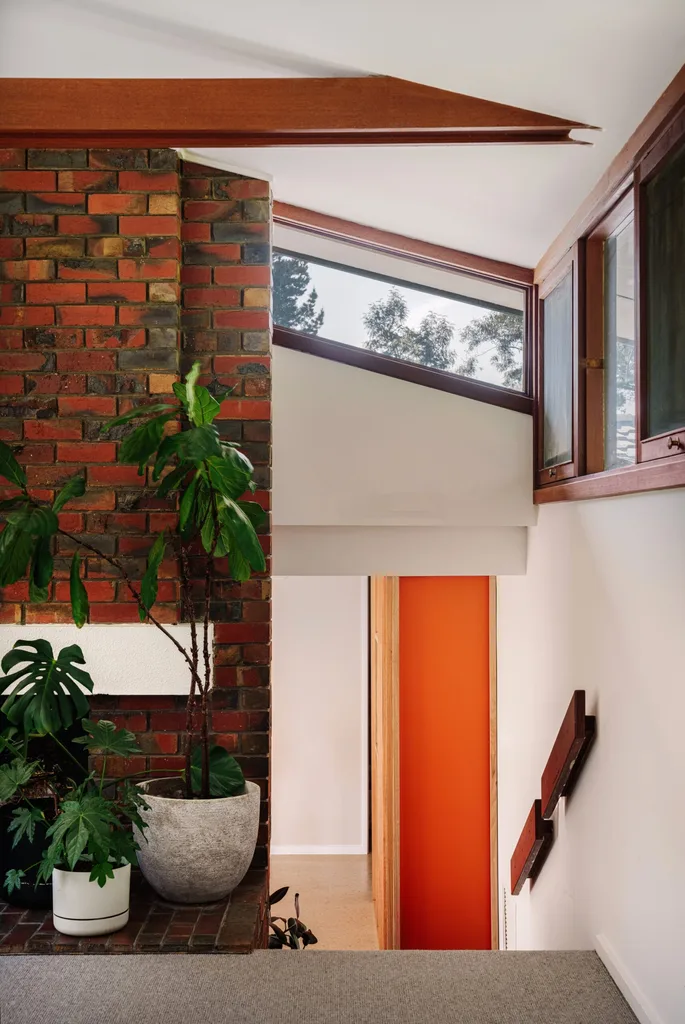 Interior with brick wall, large potted plants, angular void window with wooden window sills and trims, and orange accent wall down a stairway. The style is mid-century.