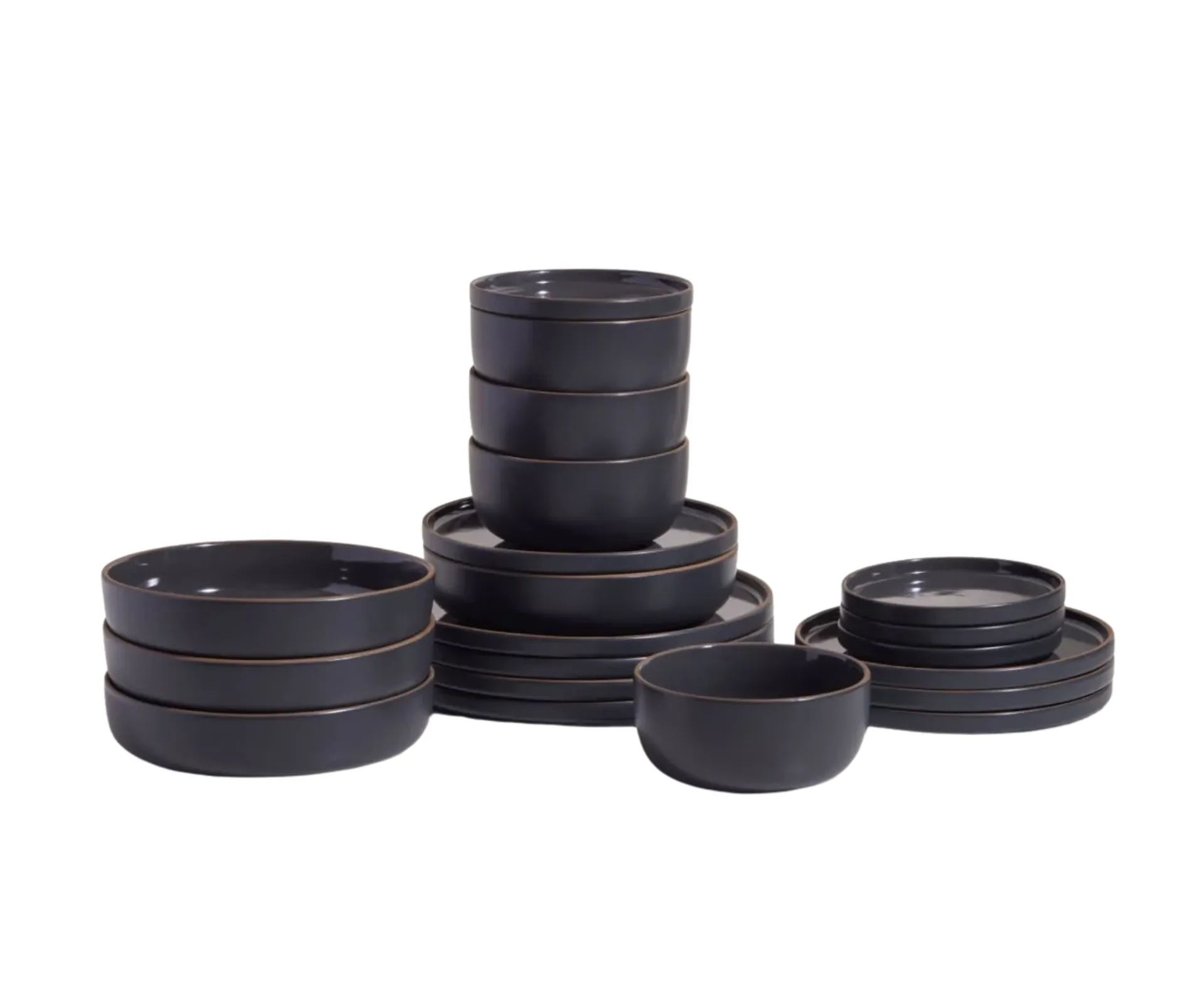 Product shot of Our Place Classic Stacking Set, a 12-piece dinnerware set in a warm black colour, ranked our best dinnerware set for everyday use