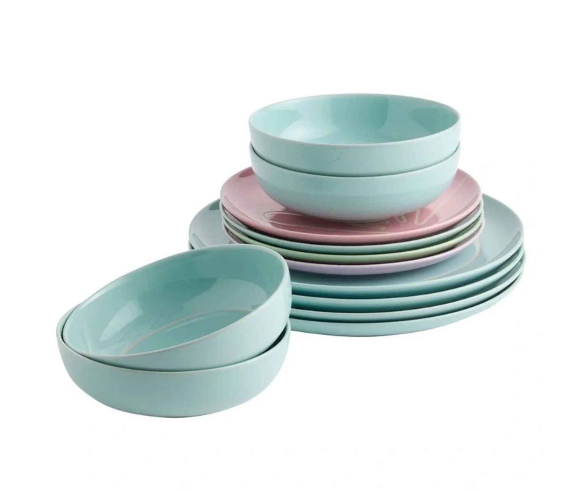 Product photo of the 12-piece Tilly Ramsay Dinnerware set from Royal Doulton, ranked the best statement dinnerware set in Australia. Each piece is glazed in a beautiful pastel shade with etched detailing.
