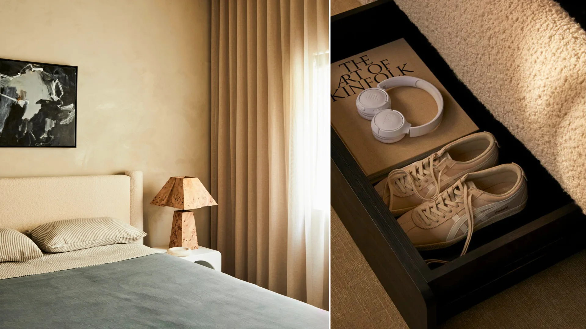 a cream bed frame with blue sheets and a storage compartment under the bed to store shoes, books and linens