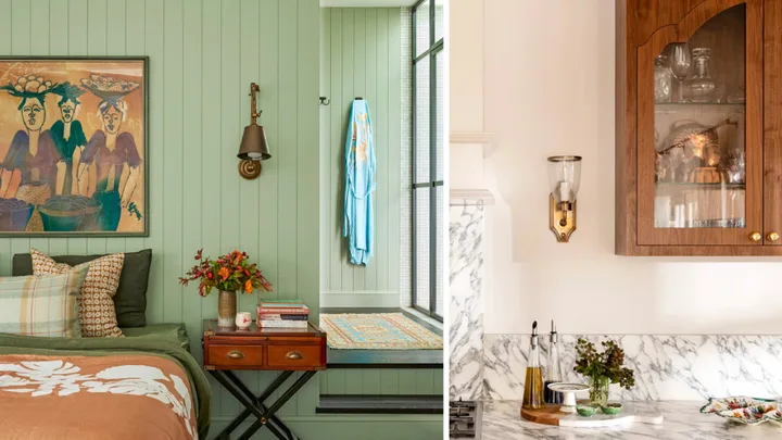 Two images of a colourful cottage-inspired home depicting wall lights in the bedroom and kitchen.