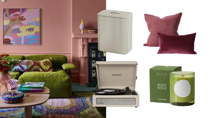 A collage consisting of a photograph of a lounge styled in rich ruby and olive tones, overlayed by a Joseph Joseph Laundry Hamper, Crosley Turntable, Aura Home Cushions, and Black Blaze candle