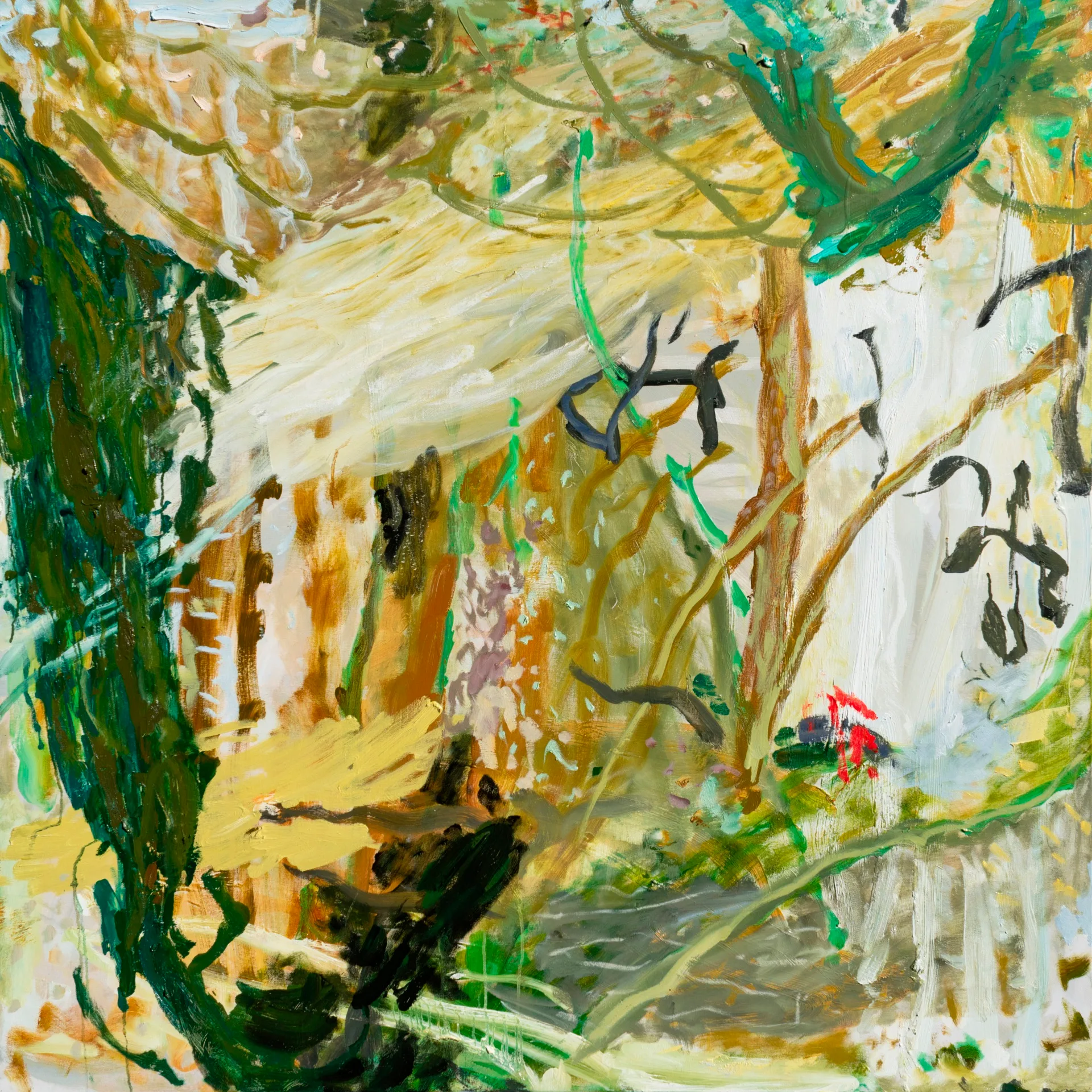 An abstract painting featuring greens, browns, blacks and reds.