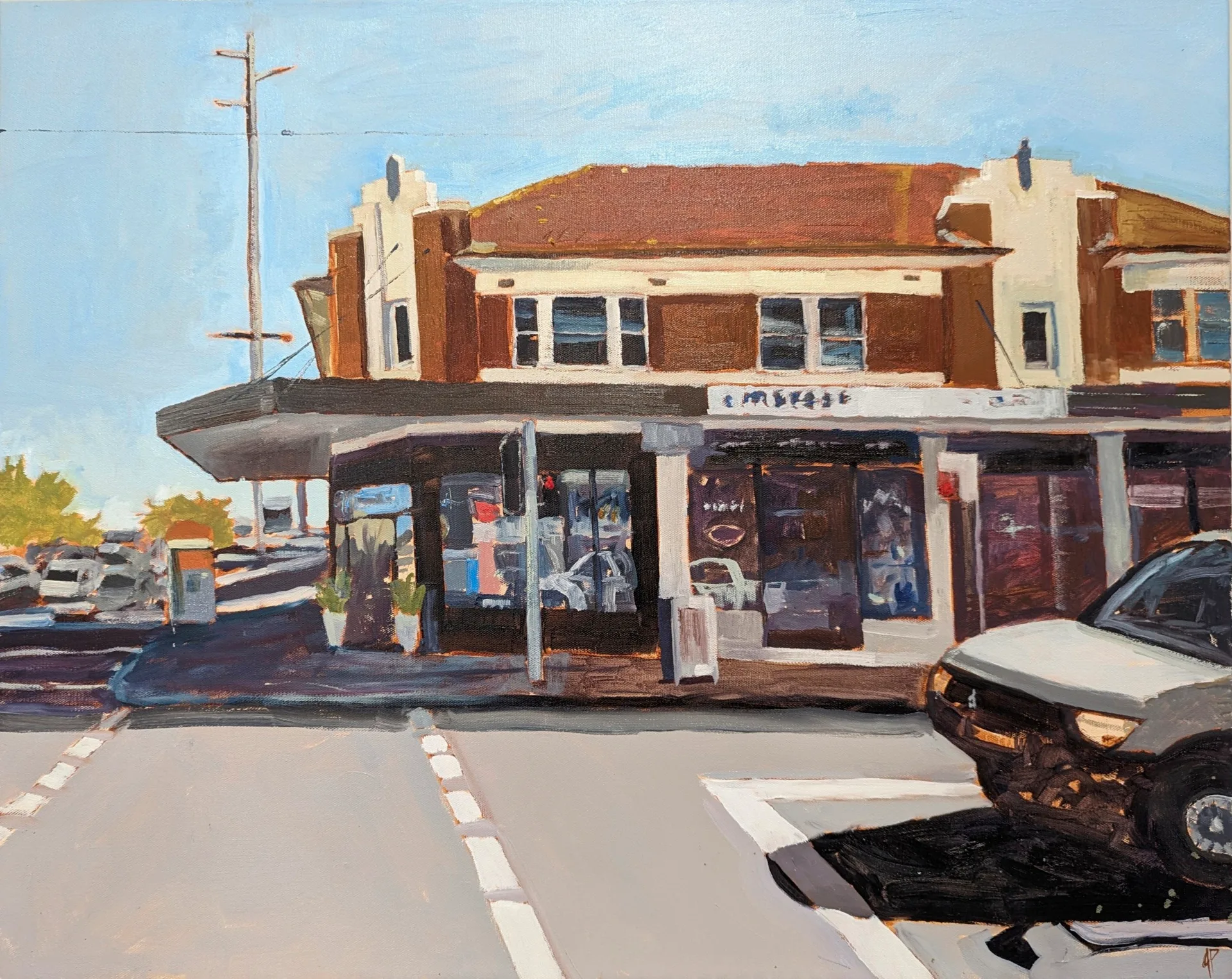 A painting of an art deco style building on the corner of a busy street. A car is stopped at a red light in the foreground.