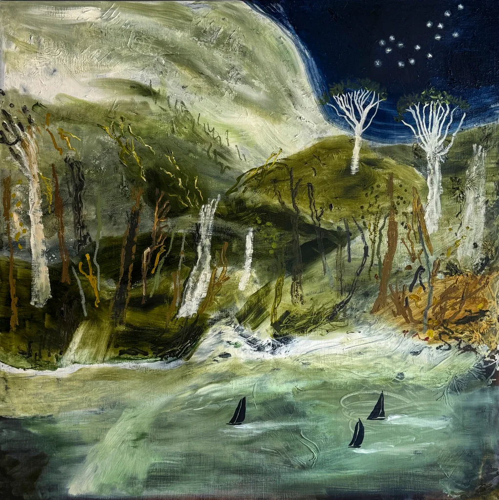 A painting depicting a natural Australian landscape at night time.