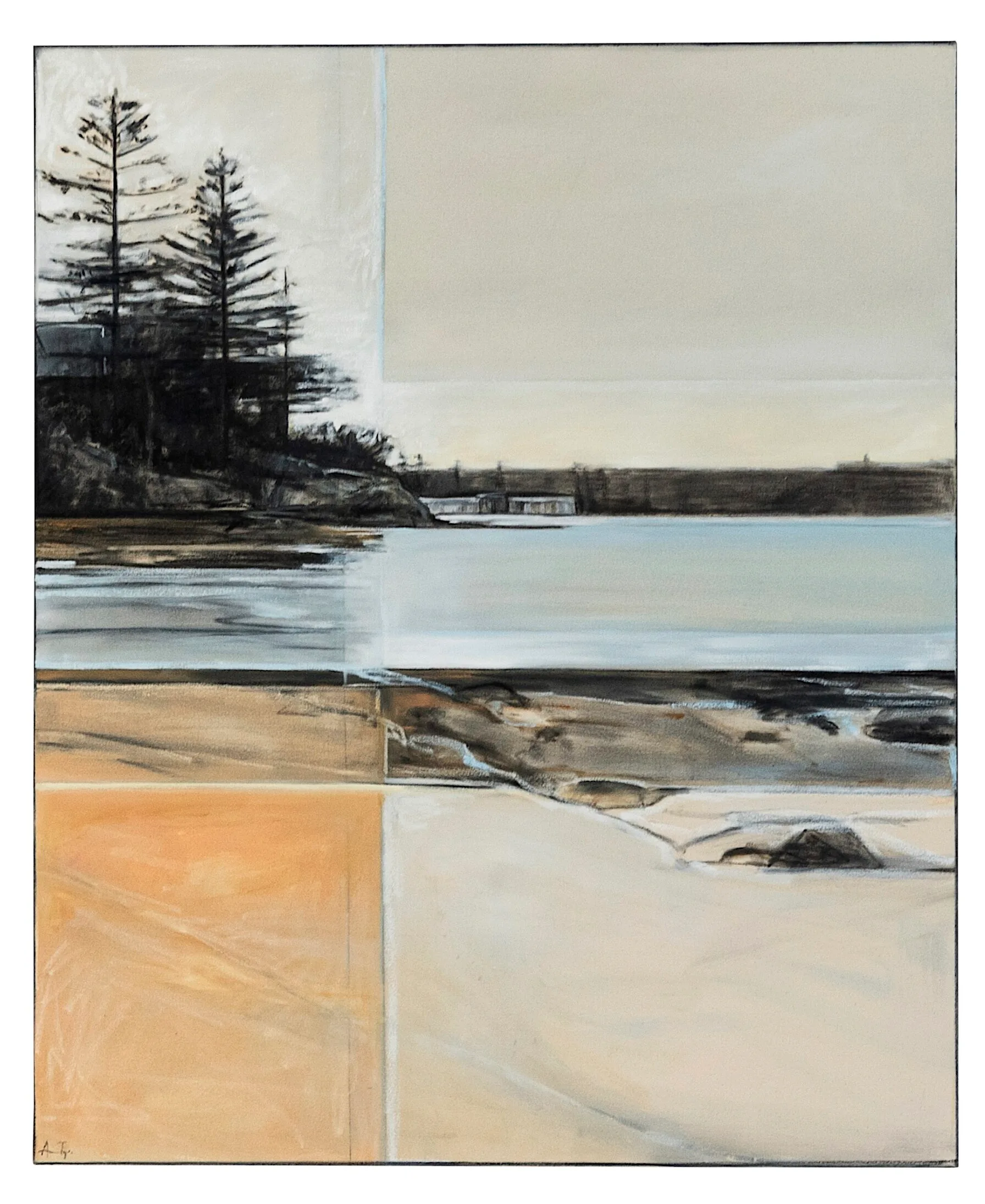 A painting of a coastal scene, with palm trees near the ocean and sand in the foreground.