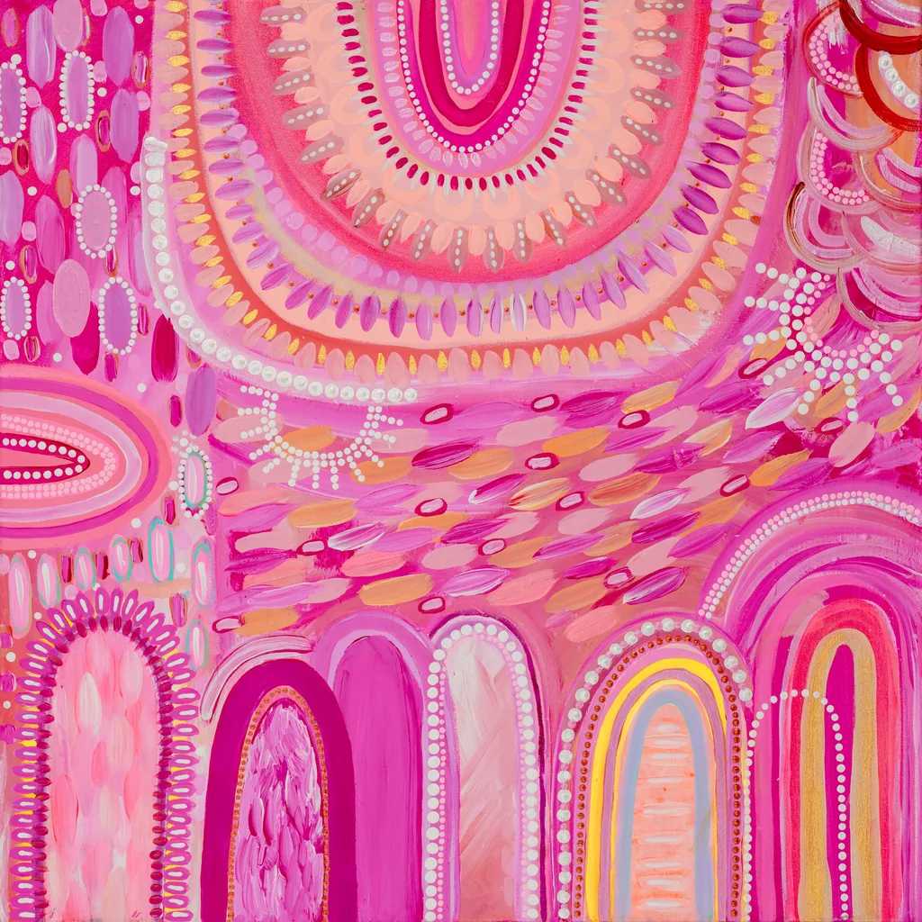 An Indigenous painting in pink shades.