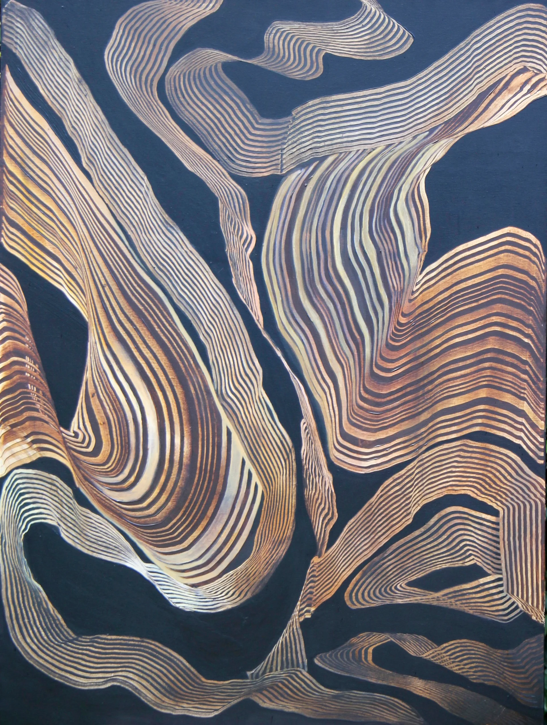 An abstract painting features lines and dark tones.