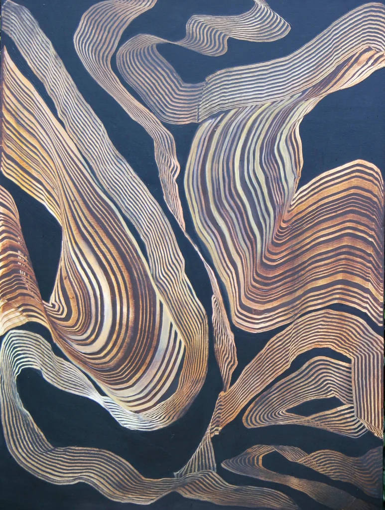 An abstract painting features lines and dark tones.