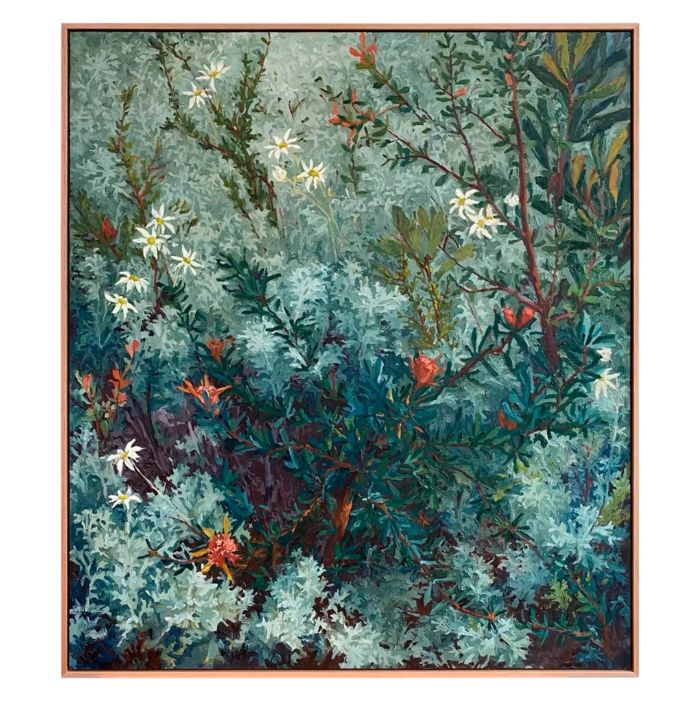 A painting of a bush with lots of leaves, greenery and little white flowers.