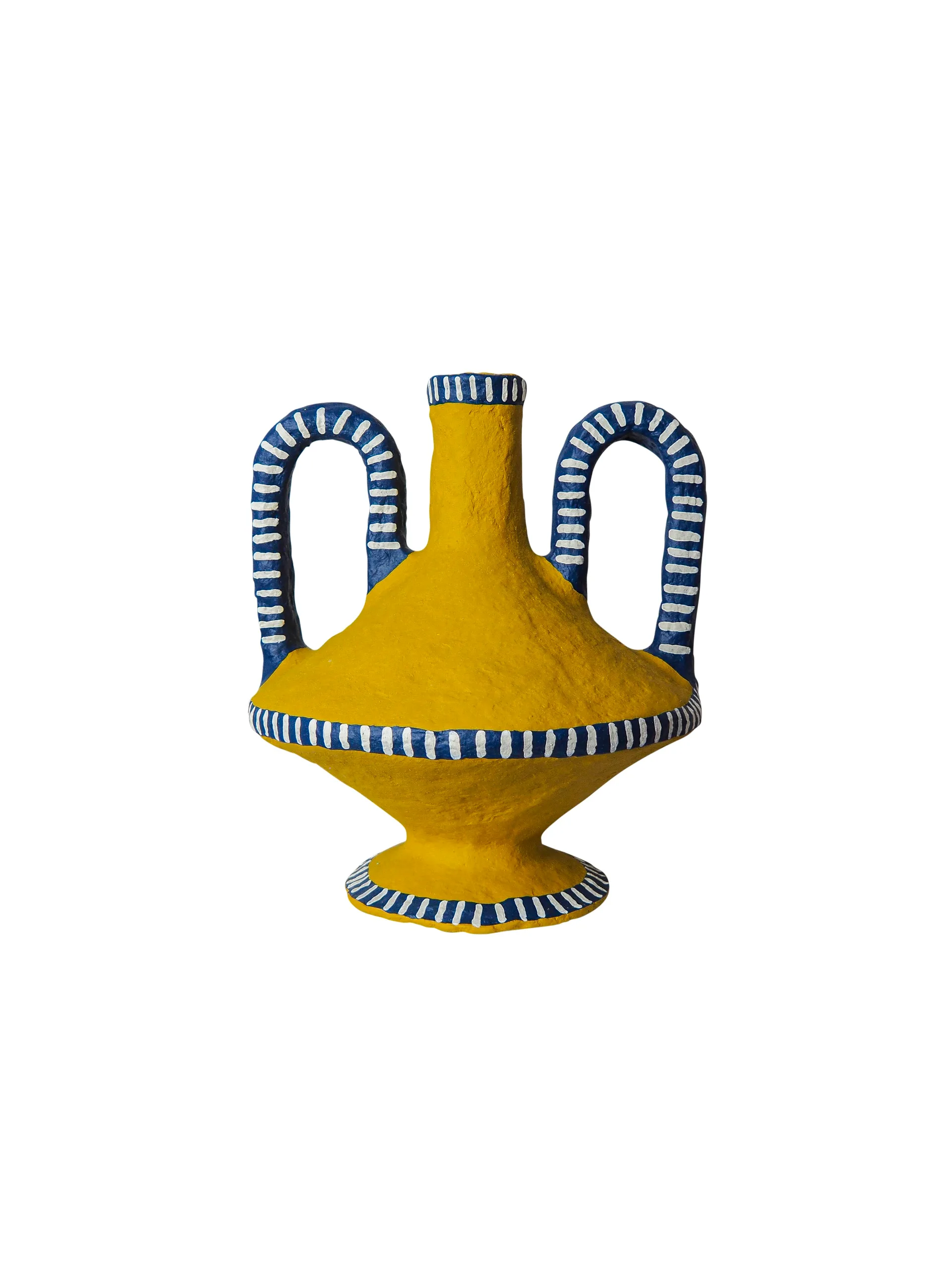 A mustard vase with blue and white striped handles.