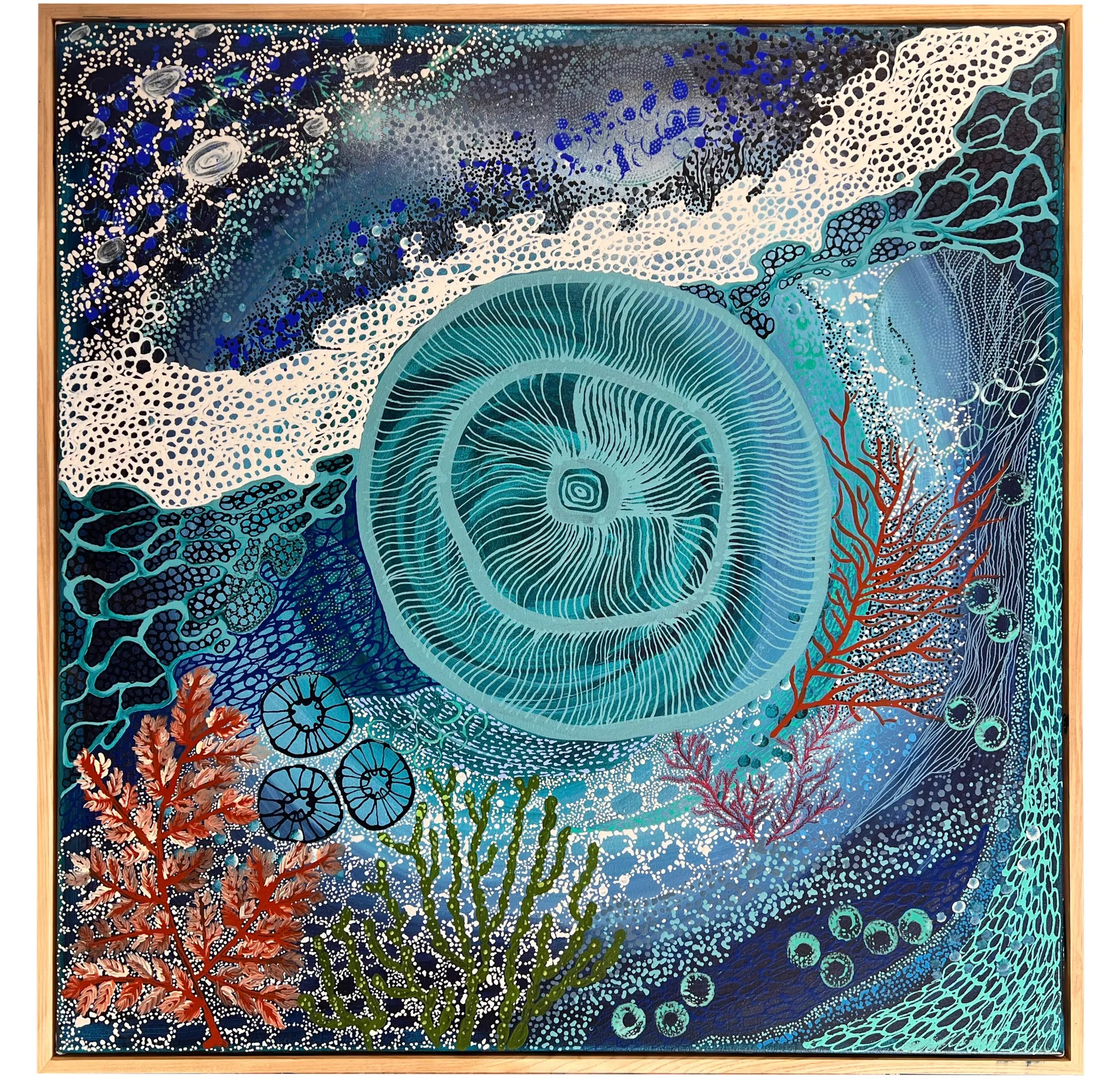 An Indigenous painting featuring underwater motifs and blues.