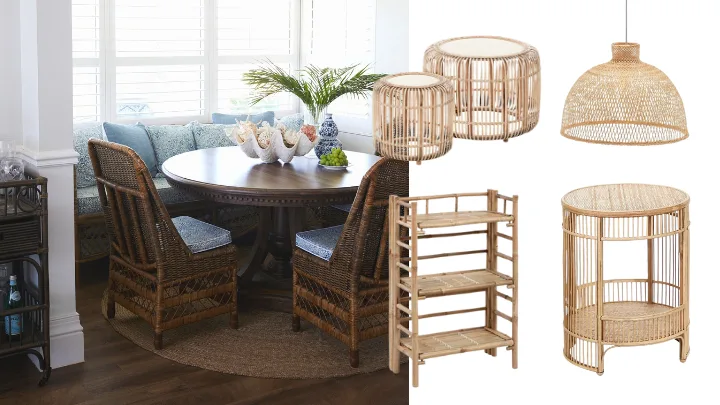 An image of bamboo furniture with four products from our list of best bamboo furniture collaged on the right