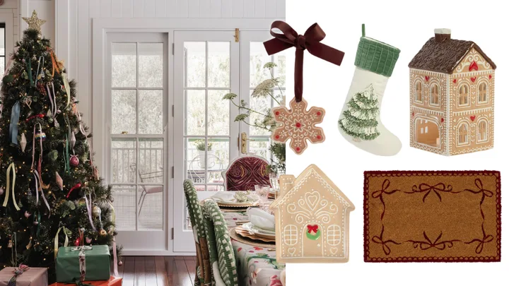 Collage of a Christmas tree with colourful ornaments and multiple Christmas decorations from Pillow Talk's new range