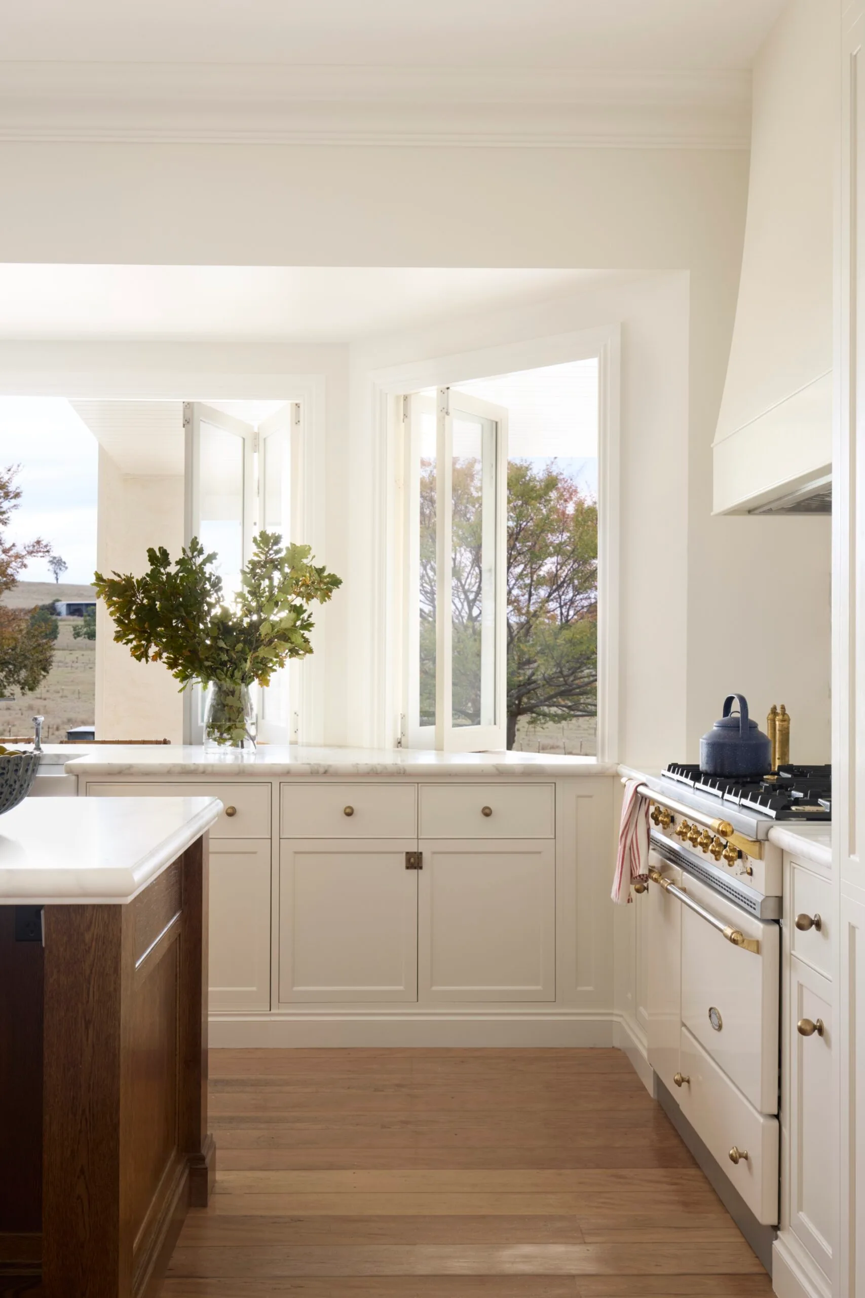 Bright kitchen with white cabinetry, a stove with brass accents, and a wooden island, featuring a leafy plant by the window.