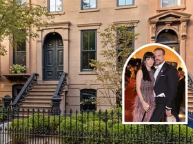 Exterior shot of a Brooklyn, New York brownstone town house. An image of Lily Allen and David Harbour is positioned on top and to the side in an arch.