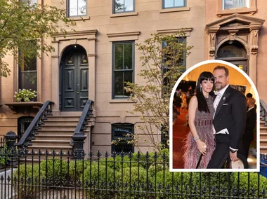 Exterior shot of a Brooklyn, New York brownstone town house. An image of Lily Allen and David Harbour is positioned on top and to the side in an arch.