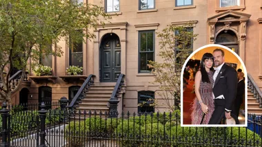 Exterior shot of a Brooklyn, New York brownstone town house. An image of Lily Allen and David Harbour is positioned on top and to the side in an arch.