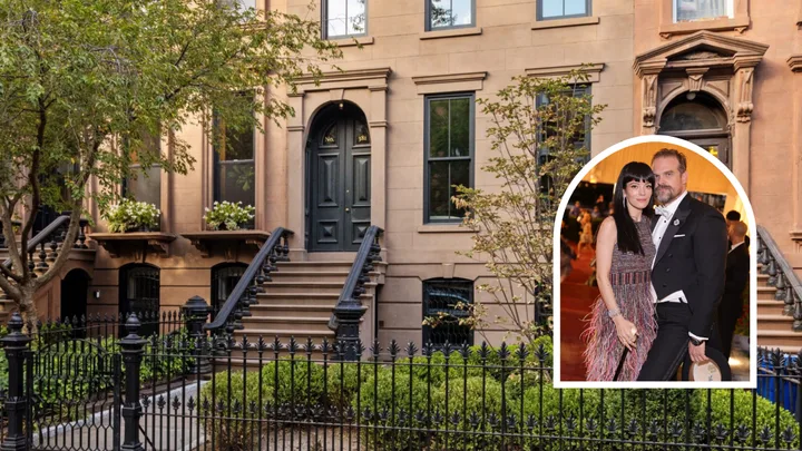 Exterior shot of a Brooklyn, New York brownstone town house. An image of Lily Allen and David Harbour is positioned on top and to the side in an arch.