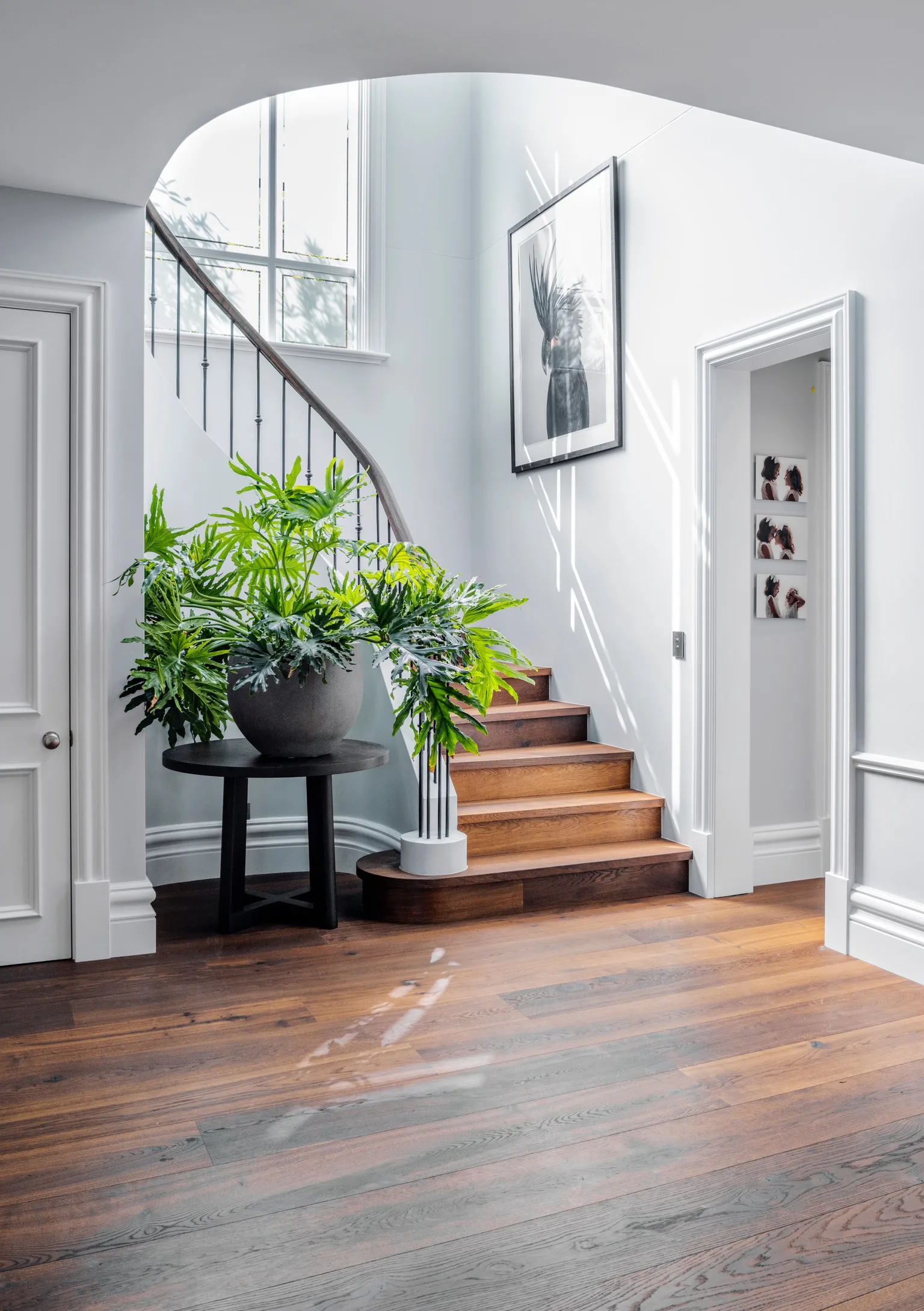 Nicole Gazal O’Neil’s home entrance features a staircase with timber floorboards and a large house plant.