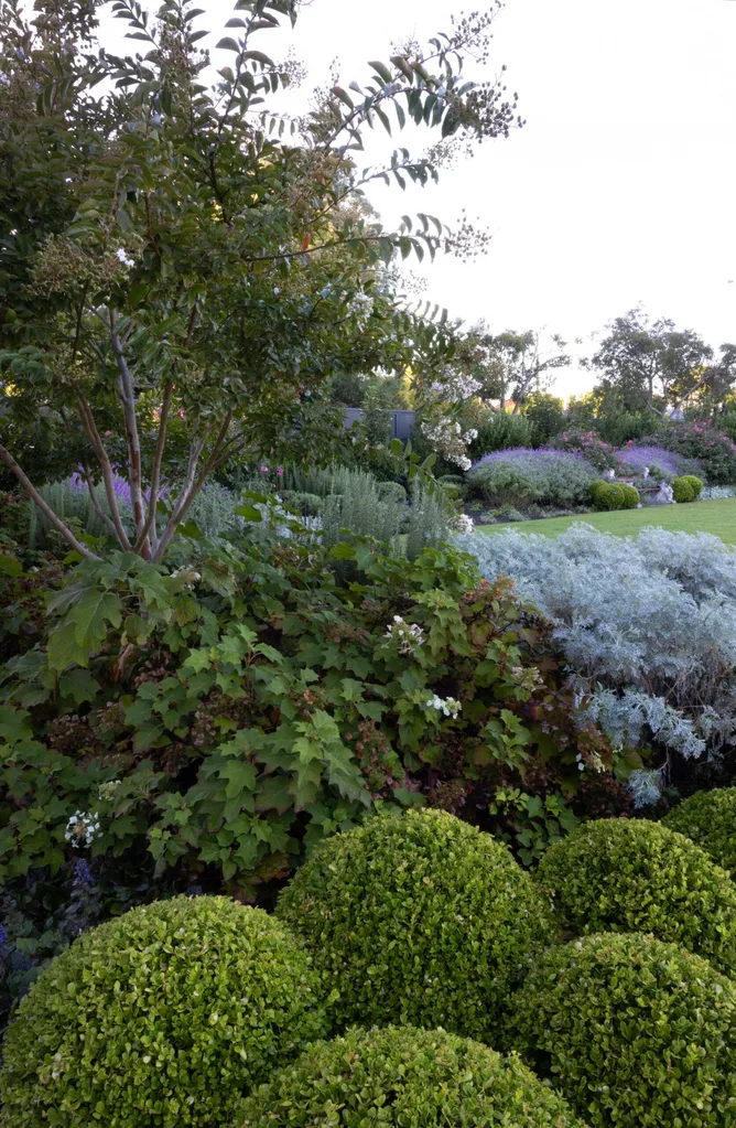 Lush garden with varied greenery, shrubs, and flowering plants under a clear sky. The garden was designed by iconic Australian garden designer Paul Bangay.