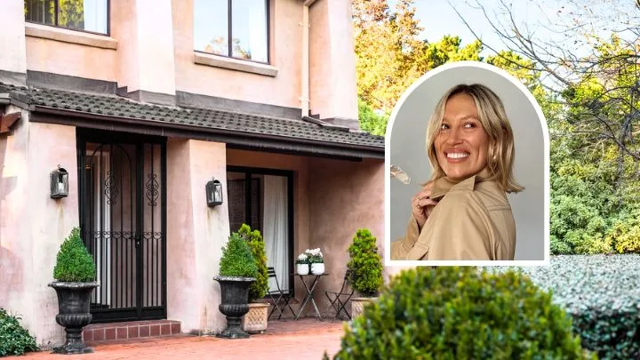 Two-story Burradoo home for sale with plants at the entrance and a smiling Phoebe Burgess in an inset circle on the right.