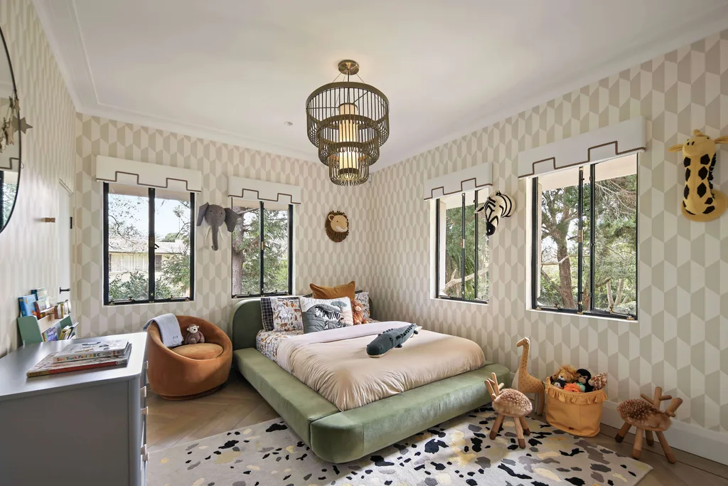 Kids bedroom with an animal theme and geometric wallpaper in a Walter Burley Griffin house in Pymble.
