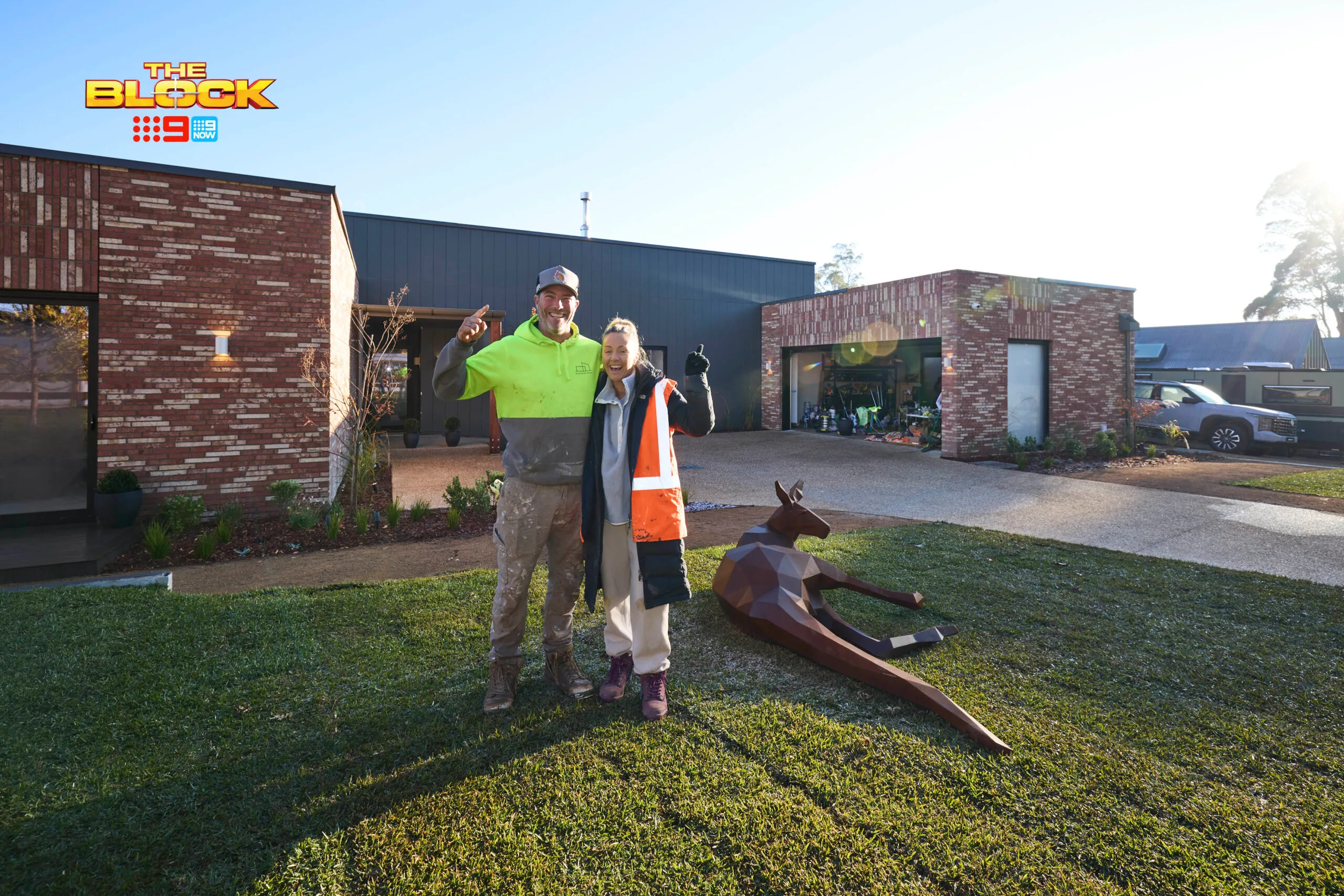 Sonny and Alicia's front yard with a kangaroo sculpture.