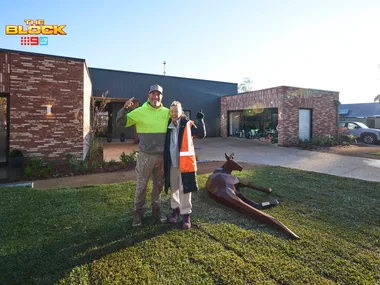 Sonny and Alicia's front yard with a kangaroo sculpture.