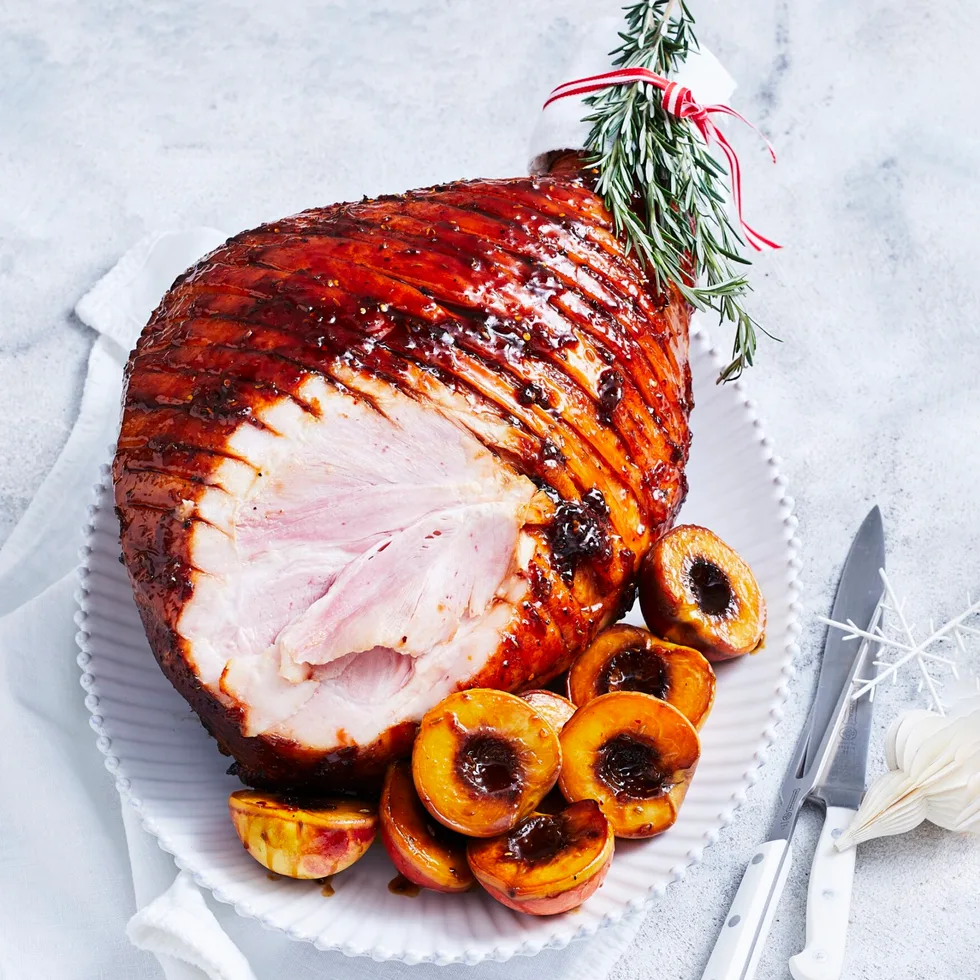 Sticky peach and pepper glazed ham