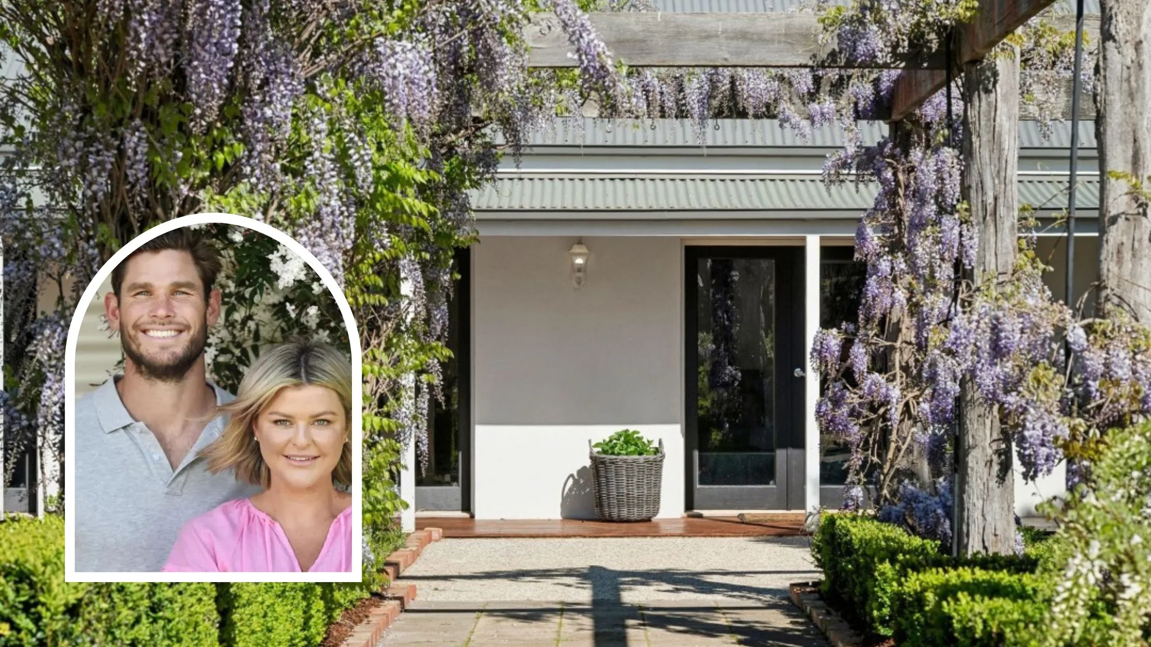 Portrait of ex-AFL player Tom Hawkins and wife Emma Hawkins with their Barrabool farmhouse.