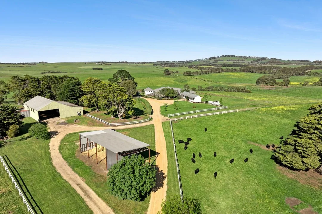 Aerial view of Tom and Emma Hawkins' Barrabool farm and landscape with cattle and sheds.