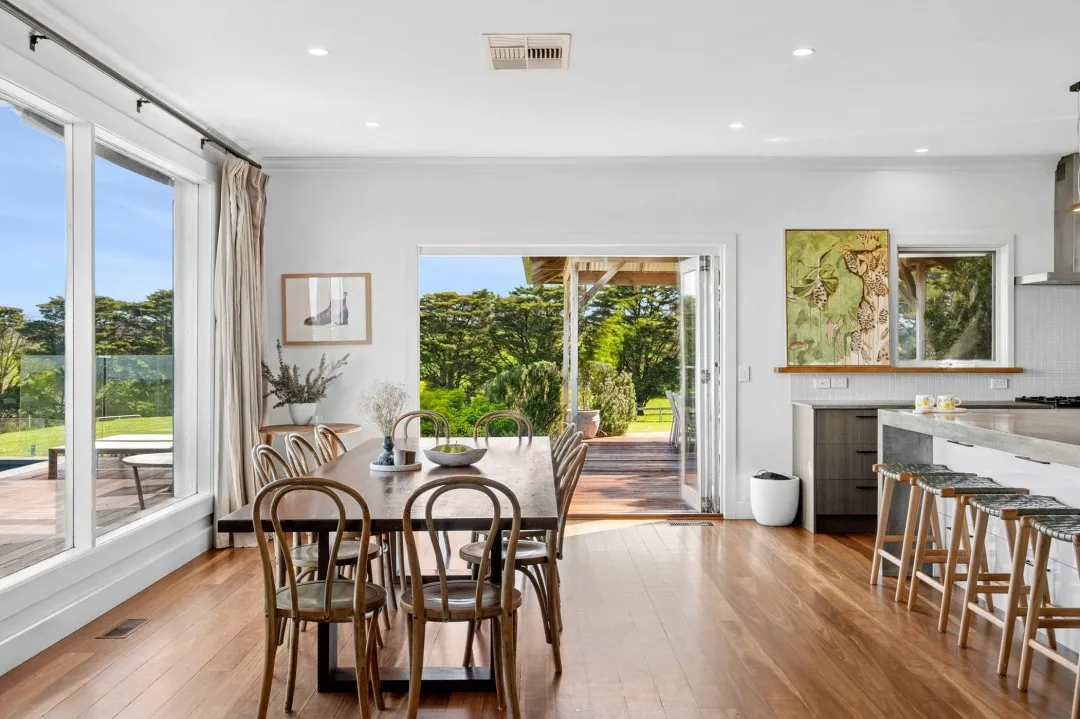 Kitchen and dining in Tom and Emma Hawkins' Barrabool farmhouse.