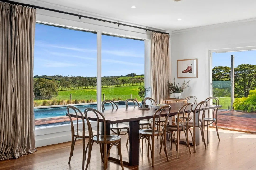 Views of farm and pool from Tom and Emma Hawkins' country house dining room.
