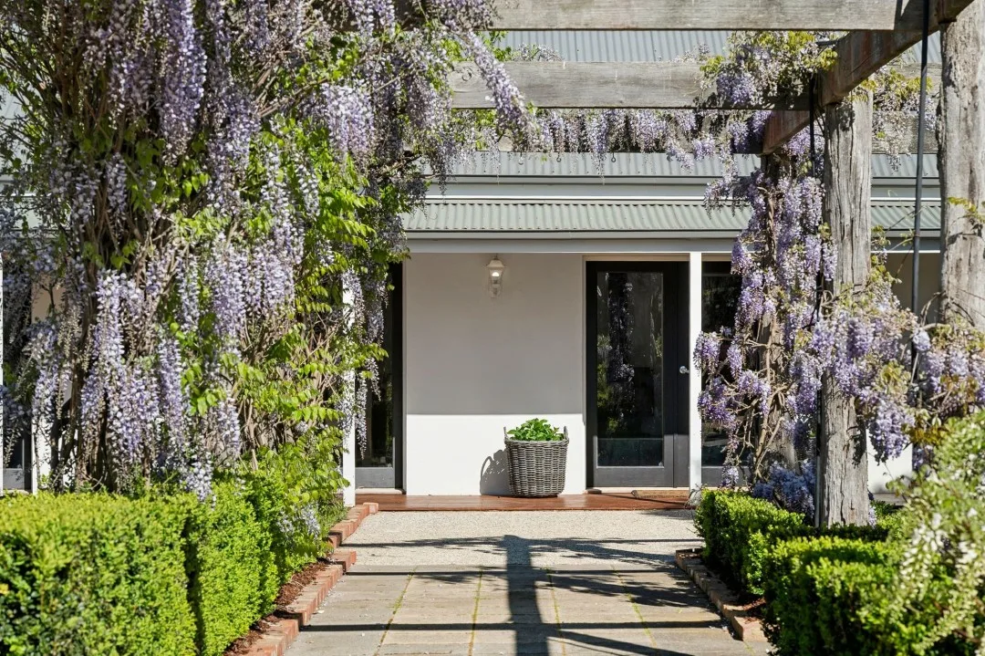 Wisteria, garden and front porch of Tom and Emma Hawkins' Barrabool farmhouse. 