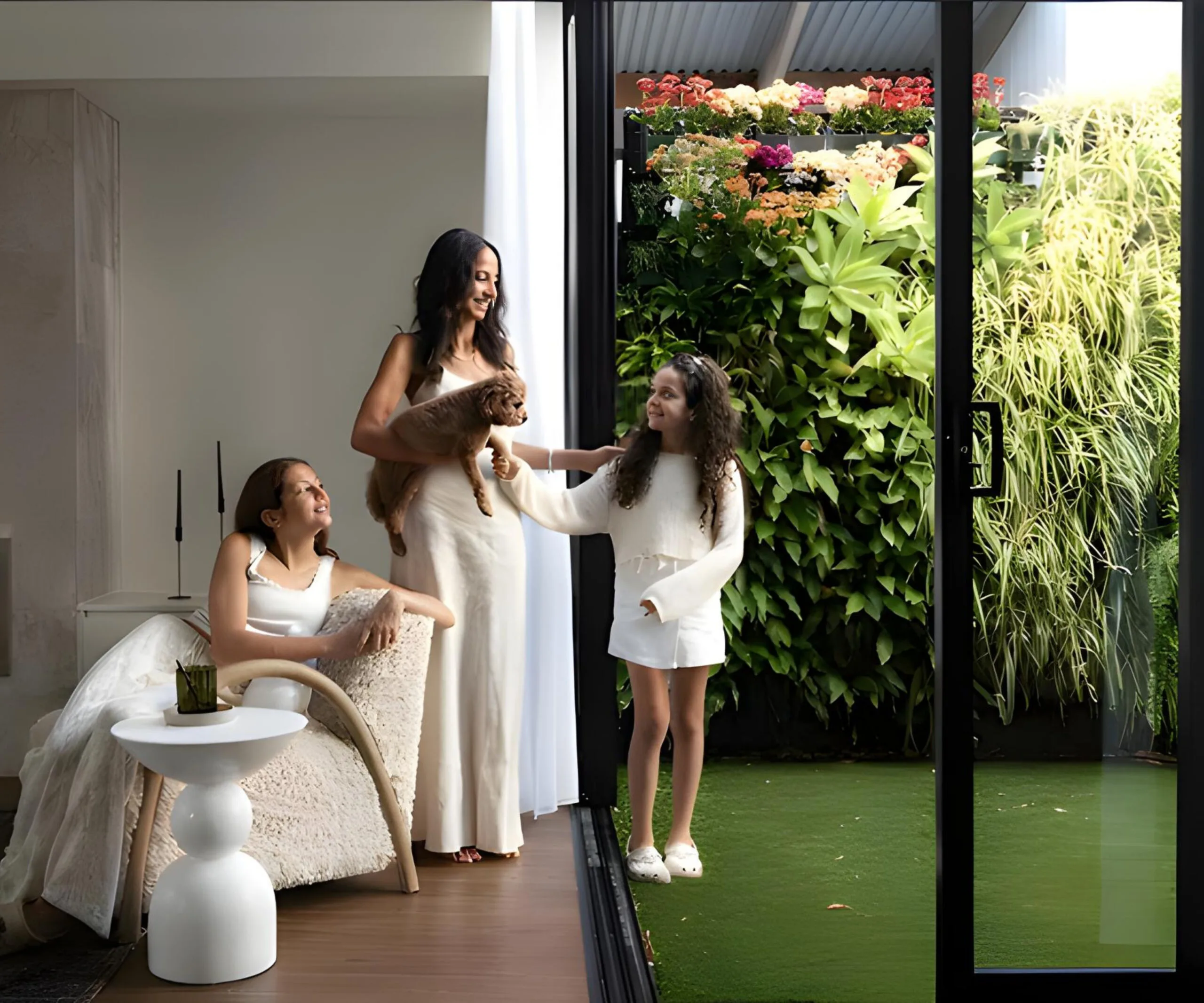 Unitex director Afsoon Kisirwani with her daughters and cavoodle dog in their Sydney home.