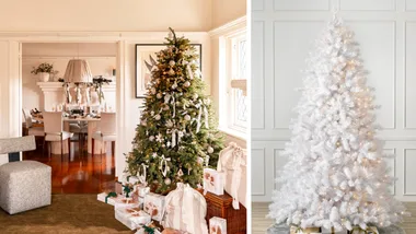 Split image: an expansive living room with a Christmas tree on the left hand side, and on the right one of the best artificial Christmas trees from Balsam Hill's sale