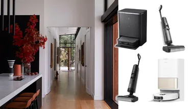 Split image, on one side, a home with spotless hardwood flooring, on the other, a selection of the best robot vacuum black friday sale deals