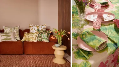 Split image: on the left, a warn toned sofa with Bonnie and Neil sale cushions and on the right a floral Bonnie and Neil place seting Bonnie and Neil Black Friday sale 2025