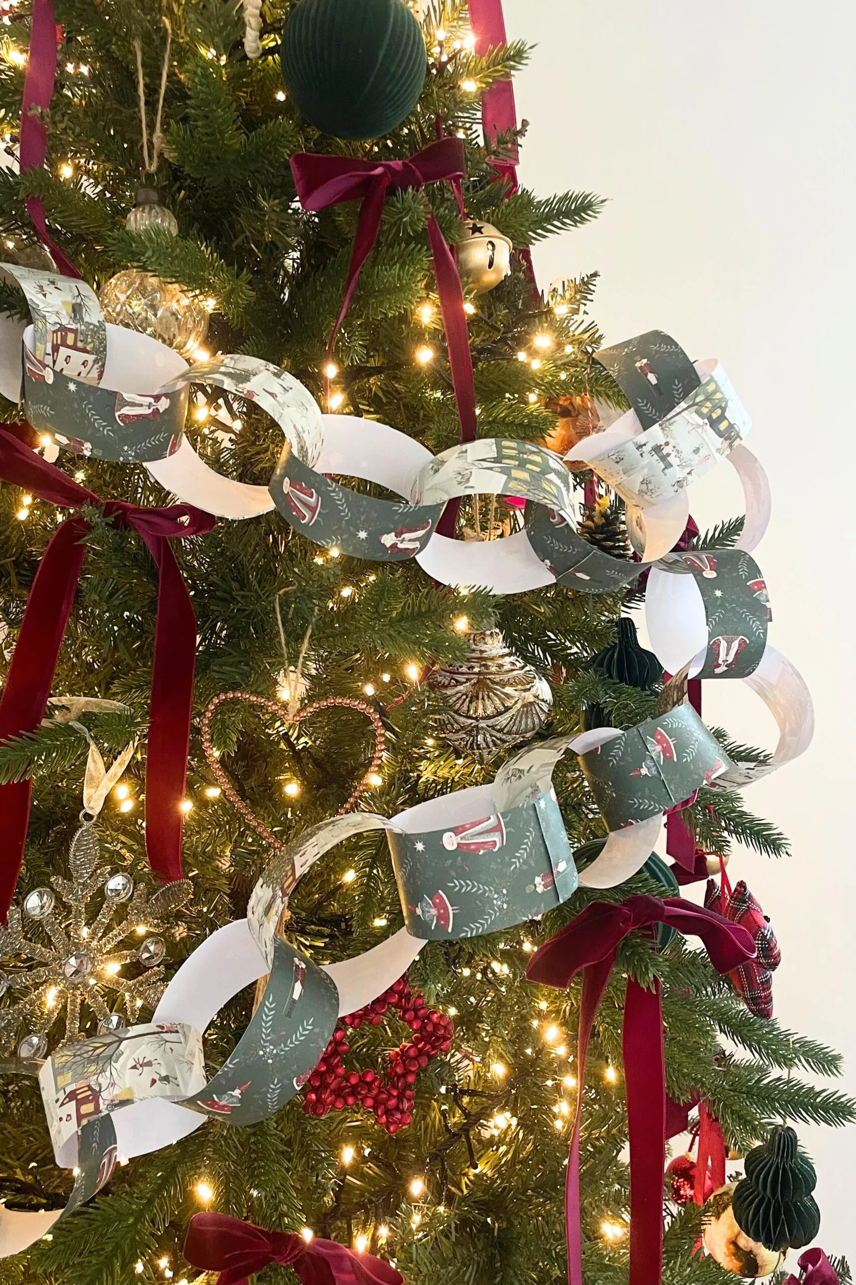 Christmas tree with handmade wrapping paper garlands