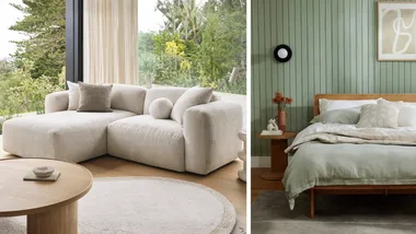Split Image, on the left, the Koala Torquay Modular Sofa, and on the left, the Koala Kirribilli Bed Frame, as part of the Koala Black Friday Sale 2025