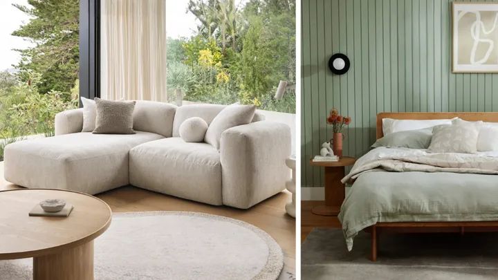 Split Image, on the left, the Koala Torquay Modular Sofa, and on the left, the Koala Kirribilli Bed Frame, as part of the Koala Black Friday Sale 2025