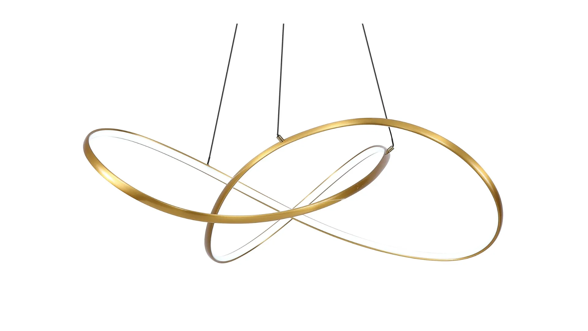 A brass pendant light with a curved design.