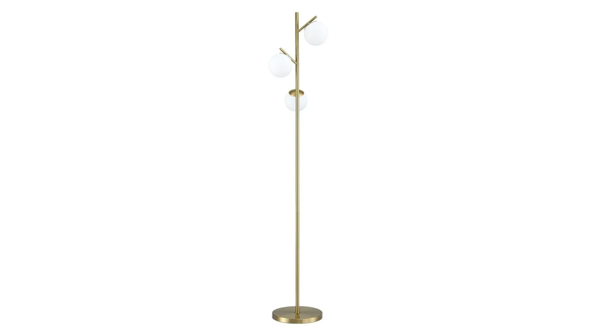 A floor lamp with three spherical light fittings, and a brass frame that is minimalist and sleek.